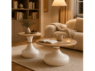 Tables basses gigognes rondes 2 pièces, plateaux mdf effet travertin, piètements métal blanc et doré, ø 70 cm