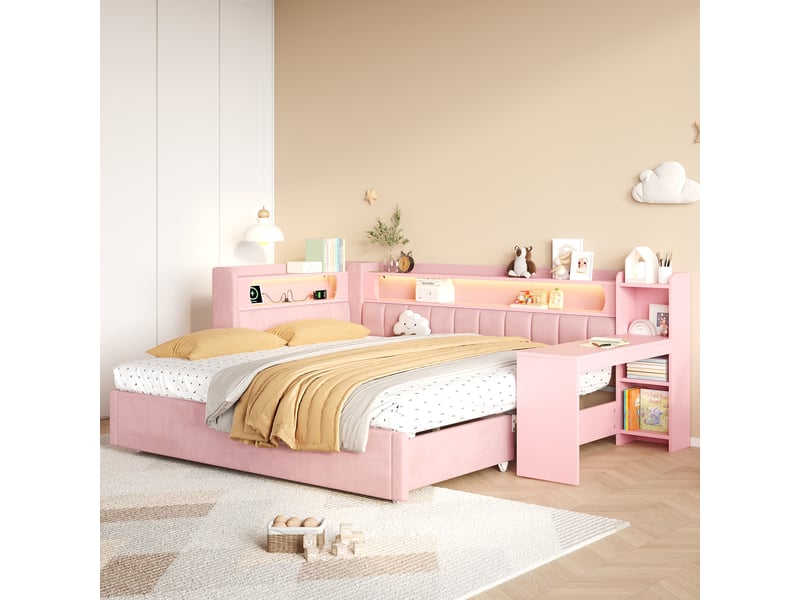  Lit banquette extensible 90 à 180 x 200 cm, lit gigogne, bureau, étagères, led, ports usb, revêtement lin, rose  - Conforama B