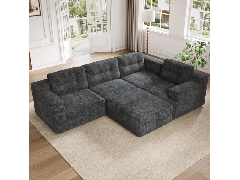 Canapé modulaire 5 places en chenille gris avec pouf, configuration u ou l - Conforama B