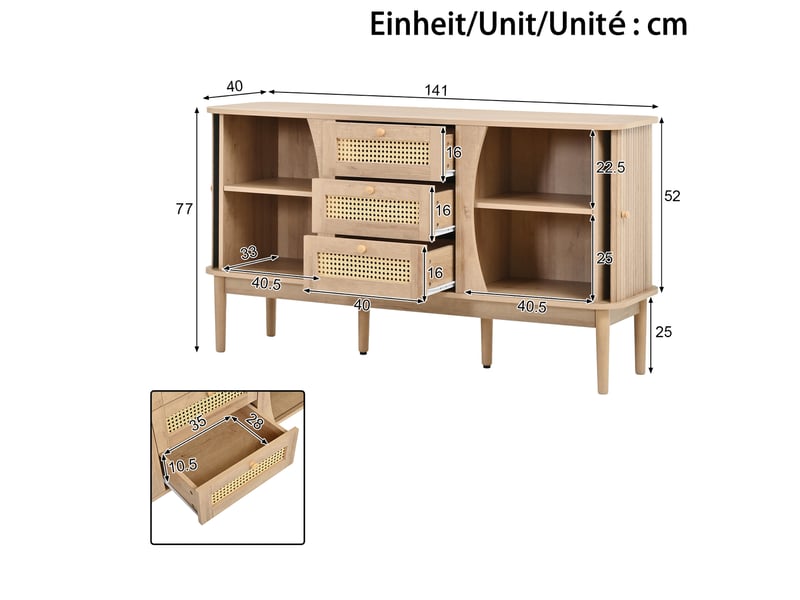  Buffet 141x40x77 cm à portes coulissantes et tiroirs en rotin, mdf coloris naturel  - Conforama E