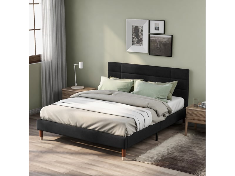 Lit adulte double 140x200 cm en tissu de lin noir avec sommier et matelas  - Conforama B