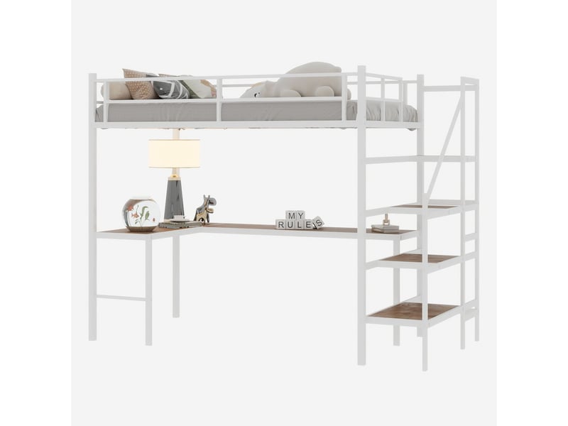  Lit mezzanine 100x200, gain d'espace sécurisé, bureau intégré, garde-corps 360°, structure métal robuste  - Conforama A