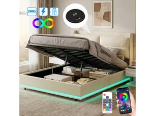 Lit double 140x200 cm , led, lit 2 place avec usb et type-c, beige, velours,cadre de lit coffre 140x200 cm, lit 2 place