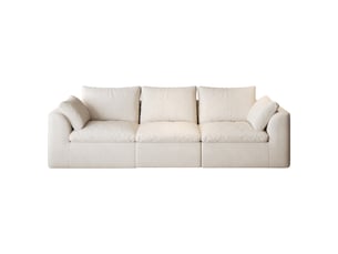 Canapé droit 4 places en tissu lin beige et blanc, 245 cm, mousse compressée