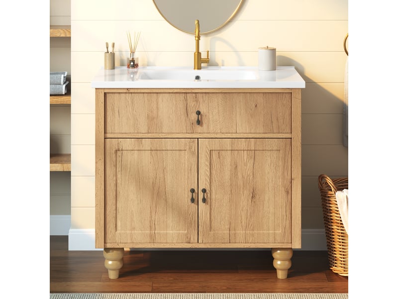Meuble de salle de bain 81 cm avec compartiment basculant supérieur, étagères intérieures de porte, rangement sous lavabo et lavabo céramique - Conforama B