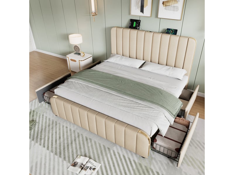 Lit avec rangement 180x200 - lit rembourré avec fonction usb type-c et 4 tiroirs - lin - sans matelas - beige  - Conforama B