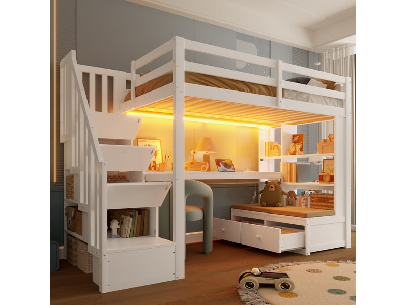  Lit mezzanine 90x200 cm avec bureau, étagères, tiroirs et escalier de rangement en mdf et bois blanc matelas non inclus  - Conforama D