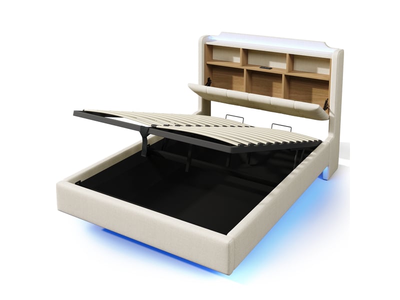 Lit capitonné, 140 × 200 cm, avec bande lumineuse led, rangement hydraulique, compartiments de rangement, design suspendu, matelas non inclus, ports usb et type-c, revêtement en lin, beige  - Conforama E