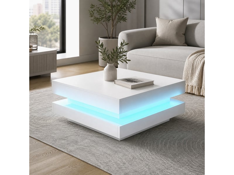  Table basse carrée led bluetooth pour salon 70×70×36 cm en panneaux de particules blanc brillant  - Conforama B