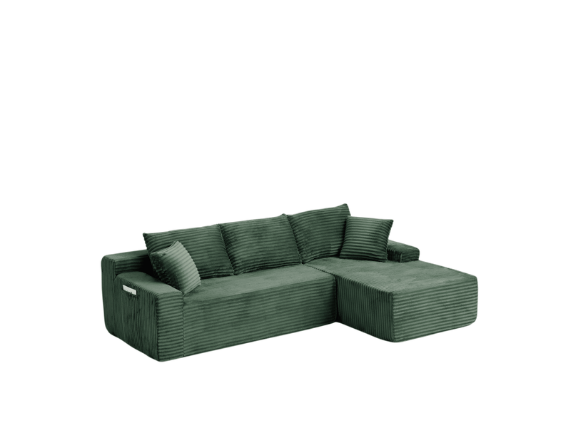  Canapé d’angle modulable 4 places en velours côtelé vert, 239x156x79 cm  - Conforama D
