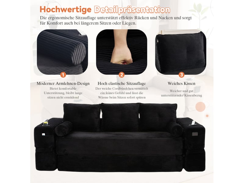 Canapé convertible 3 places 232x98x80 cm, mousse haute densité, ressorts, coussins mémoire, pour salon, velours, noir - Conforama D