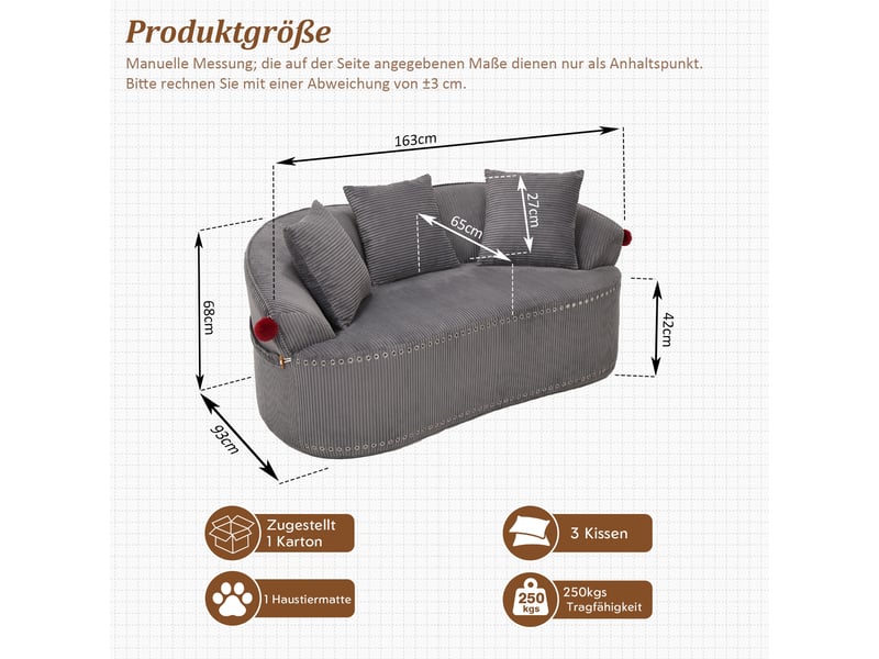Canapé droit 2 places en cordonnet, design chapeau de clown, coussins et tapis pour animal inclus, ambiance chaleureuse et confortable - Conforama C