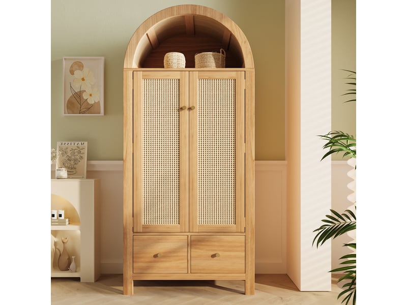  Armoire avec 2 portes, 2 tiroirs, niche ouverte et tringle, fermeture magnétique pour chambre, en mdf 78×45×181 cm chêne  - Conforama C