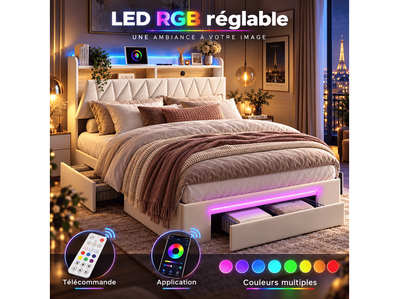  Lit 2 personnes 160x200cm avec 3 tiroirs, lit adulte avec led et ports usb type-c, lit capitonné avec sommier à lattes et tête de lit rembourré , cadre de lit fonctionnel, rangement de chevet, étagères , velours, beige - sans ma…  - Conforama D