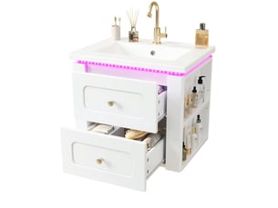 Meuble salle de bain suspendu 61 cm blanc brillant avec vasque et led, 2 tiroirs