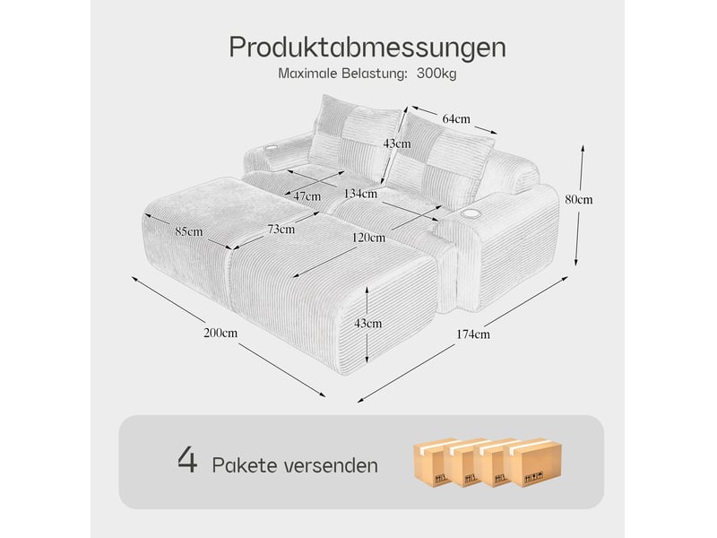  Canapé modulable 2 places 200x174x80 cm avec 2 poufs gris clair  - Conforama D
