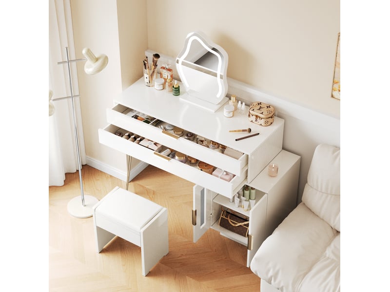  Coiffeuse avec miroir led à 3 modes, 2 grands tiroirs et caisson coulissant, pour chambre, blanc, 100 × 40 × 78 cm  - Conforama B
