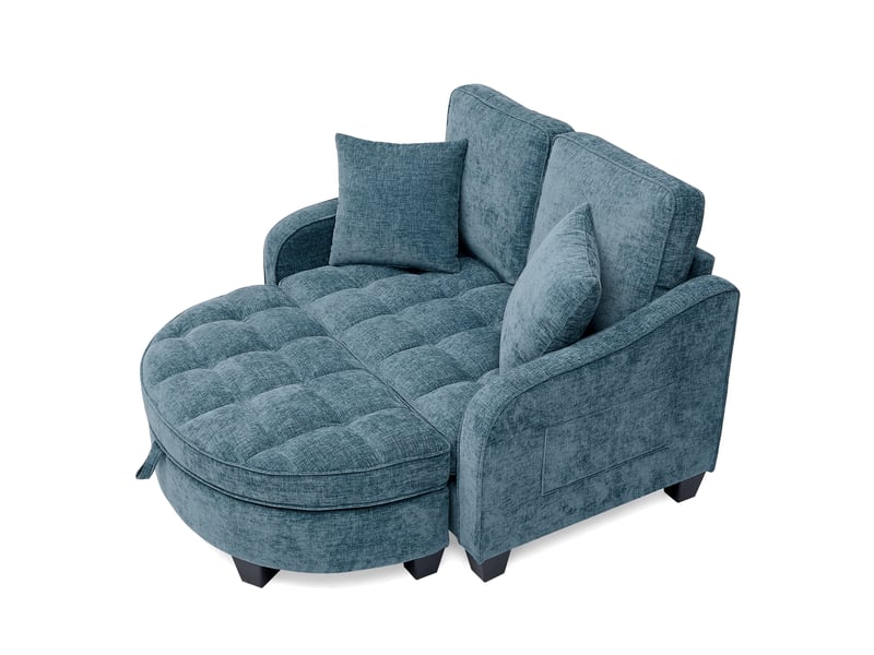  Canapé 2-en-1 bleu avec pouf de rangement, structure en eucalyptus et métal, tissu respirant, convertible en lit d'appoint.  - Conforama A