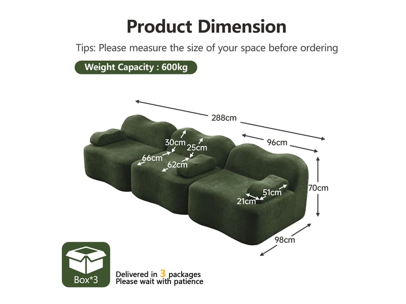 Canapé modulaire 3 places sans armature avec assise profonde et dossier ergonomique, en velours vert - Conforama E