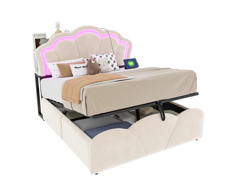  Lit coffre rembourré 140x200 cm, led, rangement hydraulique, tête de lit avec étagères, velours beige evarich - Conforama A
