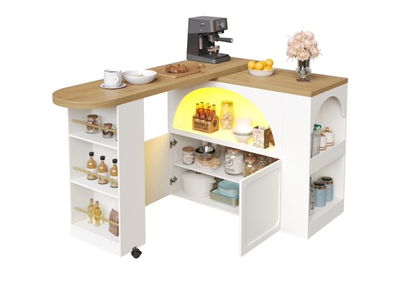  Table de bar extensible moderne avec rangement led, blanc, 135-205×39×100 cm, design élégant  - Conforama E