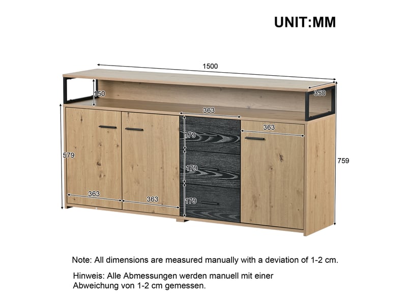  Buffet avec 3 portes, 3 tiroirs, niches ouvertes et étagères réglables, en panneau de particules noir et brun  - Conforama D