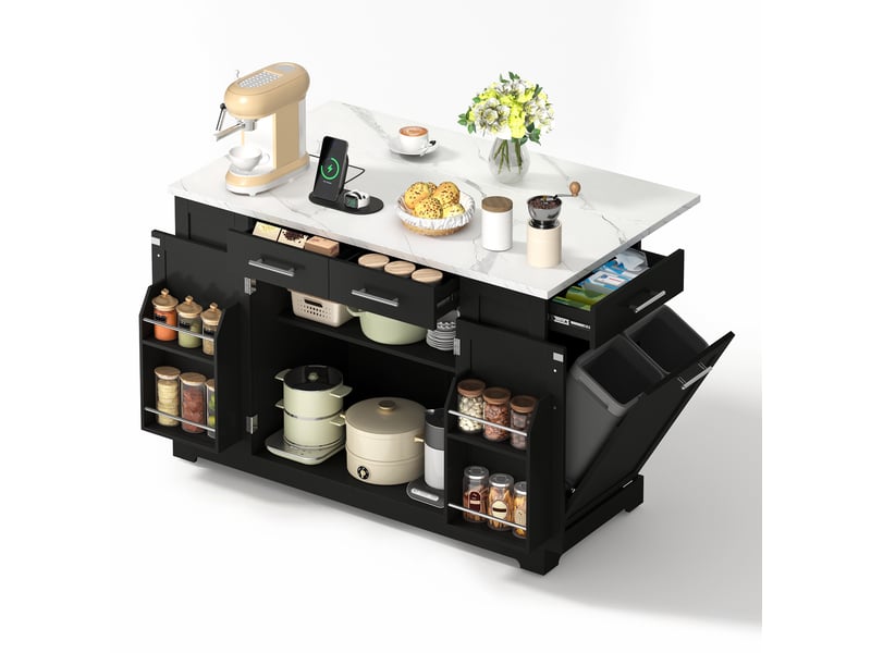  Ilot central de cuisine - 138x86x92cm- desserte de cuisine avec plateau marbre, prises, roulettes et poubelle - noir  - Conforama A