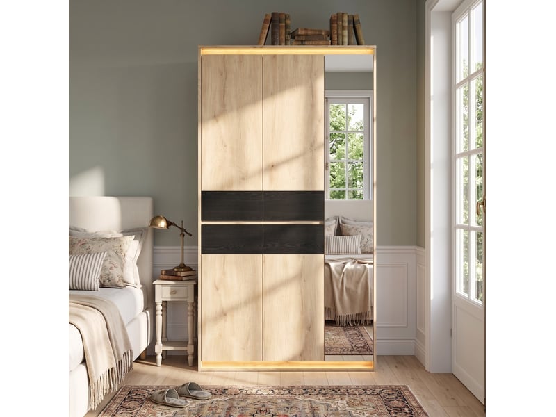  Armoire miroir led, 3 portes, 4 tiroirs, 9 niches, 2 penderies, chambre, mdf chêne anthracite 110 × 47 × 200 cm  - Conforama B