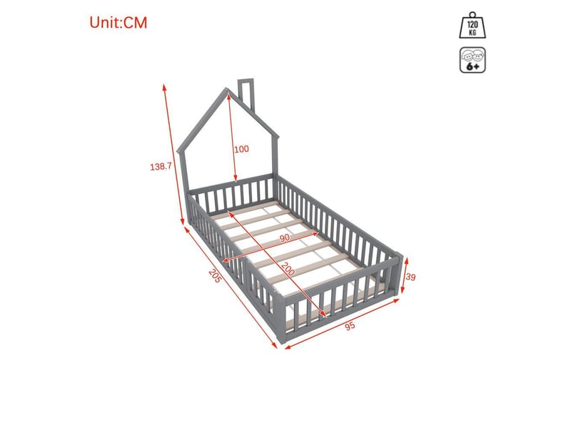 Lit enfant 90x200cm, lit cabane bois forme cheminée, barrières sécurité, sommier lattes, gris - Conforama D