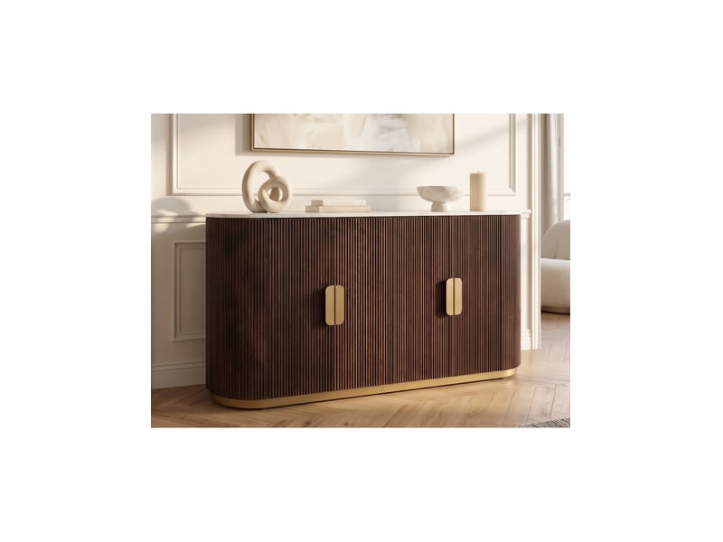 Buffet orion 140 cm en bois massif de manguier et marbre blanc – 4 portes – marron, blanc et doré - Conforama B