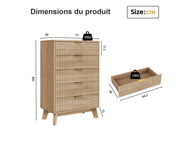  Commode 5 tiroirs - 73x40x108cm - chiffonnier en bois avec façades ondulées, poignées dorées &amp; pieds massifs - chêne  - Conforama E