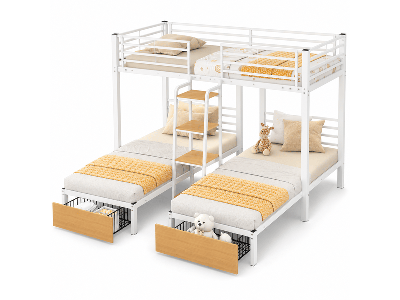  Lit superposé triple en l, 3 couchages 90x200cm blanc brillant, échelle 4 marches, bibliothèque intégrée, tablette et garde-corps, métal et mdf  - Conforama A
