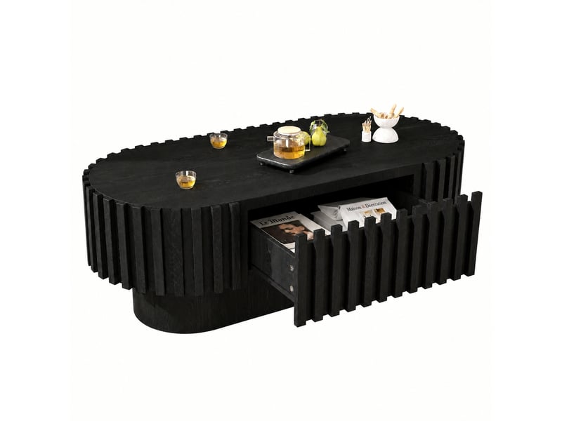  Table basse ovale noire avec tiroir, mdf à lattes verticales, 100 x 50 x 35,5 cm  - Conforama A