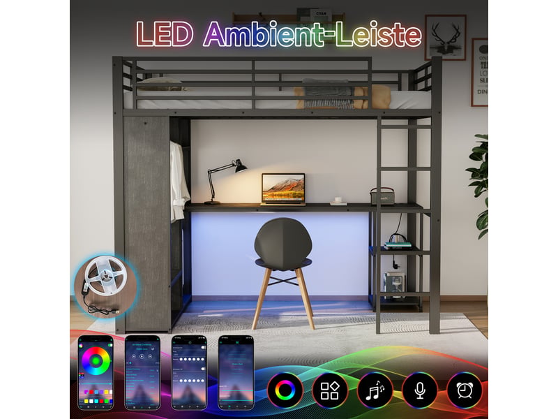  Lit mezzanine - 90x200 cm - bureau intégré - éclairage led - usb et usb-c - penderie intégrée - prises intégrées - moderne - noir CozyNest - Conforama E