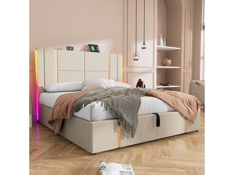  Lit coffre 160x200 en lin beige, led et ports usbusb-c, sommier inclus  - Conforama D