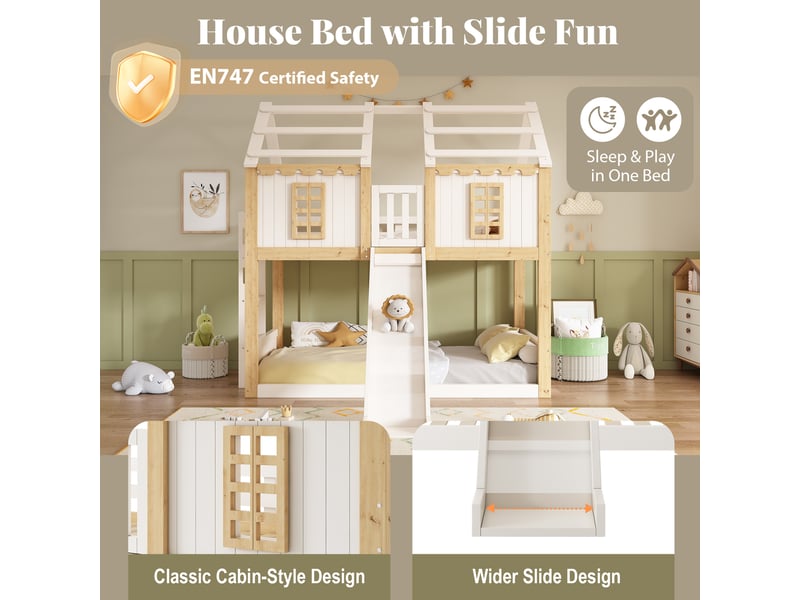 Lit superposé enfant,90x200 cm,avec toboggan,bois,blanc et naturel - Conforama E