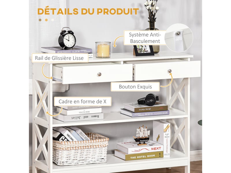  Table de console table d'entrée style table de drapier néo-rétro 2 tiroirs 2 étagères en bois blanc dim. 100l x 30,5l x 80h cm  - Conforama E