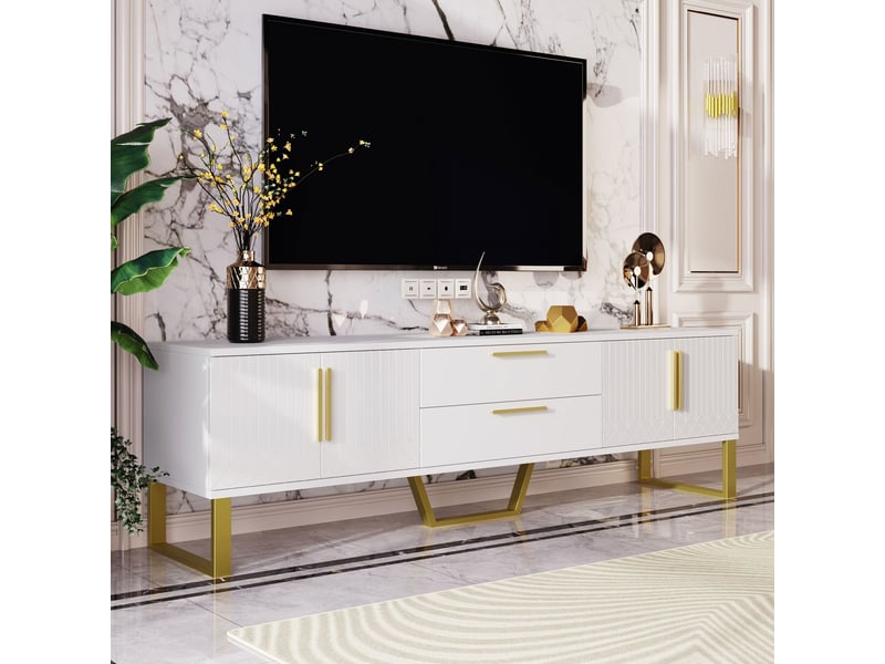  Meuble tv avec 4 portes, 2 tiroirs, étagères et passe-câbles, laqué brillant pour salon 170×40×53,5 cm en mdf blanc  - Conforama E
