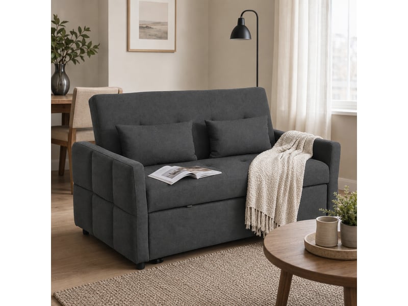 Canapé convertible 2 places dossier inclinable 3 positions pans latéraux effet capitonné 2 coussins tissu anthracite - Conforama D