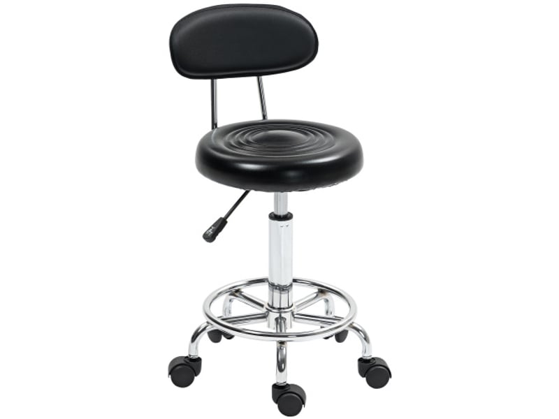  Tabouret de travail pivotant à roulettes avec dossier, similicuir noir, 32 x 40 x 70-86 cm, repose-pieds réglable  - Conforama A