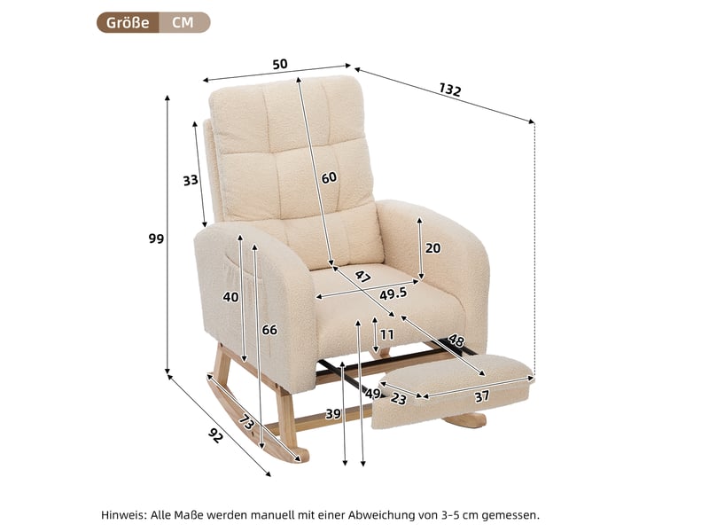  Fauteuil à bascule relax en tissu bouclé avec repose-pieds, fauteuil de salon à dossier haut, structure en bois massif et poche latérale - beige  - Conforama E