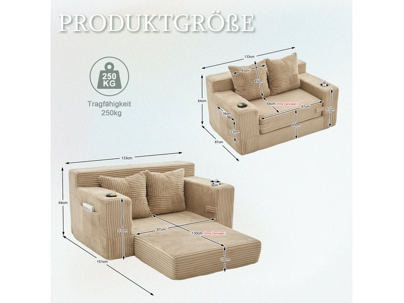 Fauteuil pouf en velours côtelé avec coussins amovibles, poches latérales et accoudoirs, kaki, 151 × 133 × 64 cm - Conforama D