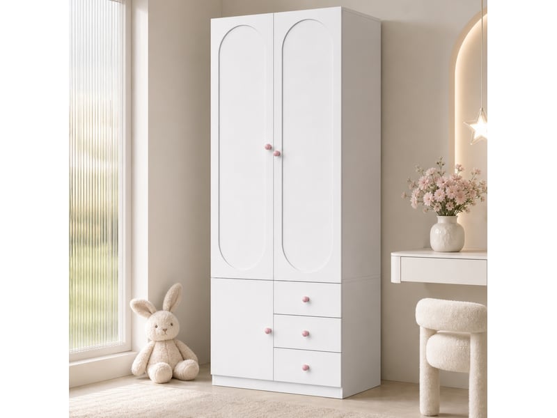  Armoire enfant 2 portes, penderie, 3 tiroirs et niche ouverte, poignées roses, mdf blanc laqué 80 × 50 × 200 cm  - Conforama B
