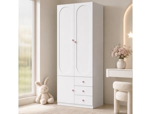 Armoire enfant 2 portes, penderie, 3 tiroirs et niche ouverte, poignées roses, mdf blanc laqué 80 × 50 × 200 cm