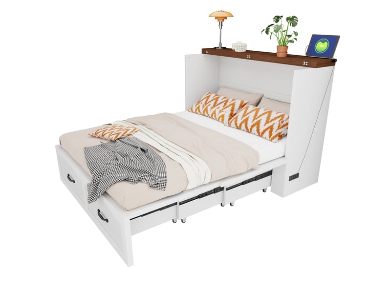  Lit escamotable 140 × 200 cm 2 places avec prise intégrée et roulettes silencieuses, sans matelas, blanc  - Conforama A