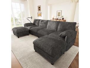 Canapé d'angle panoramique fixe OKMYHOME  6 places Tissu Gris