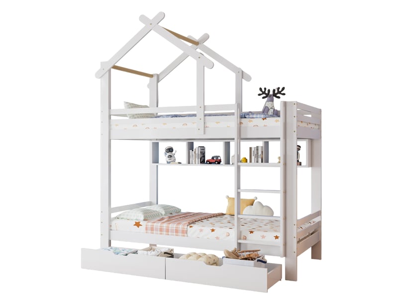  Lit superposé 90x200 cm – lit enfant avec rangements intégrés, 2 tiroirs et 4 niches – mdf – blanc  - Conforama A