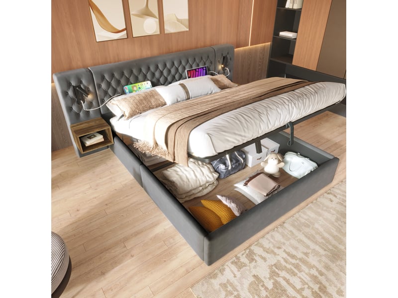  Lit coffre 160x200 cm, doté de matelas, velours, gris, usb et type c, lampe de lecture, doté de 2 tables de nuit  - Conforama D