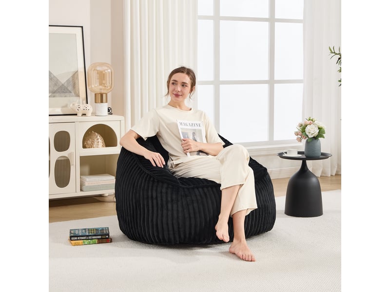  Fauteuil 1 place - 98x92x73cm - fauteuil pouf en mousse à mémoire de forme et peluche rayée - noir  - Conforama D