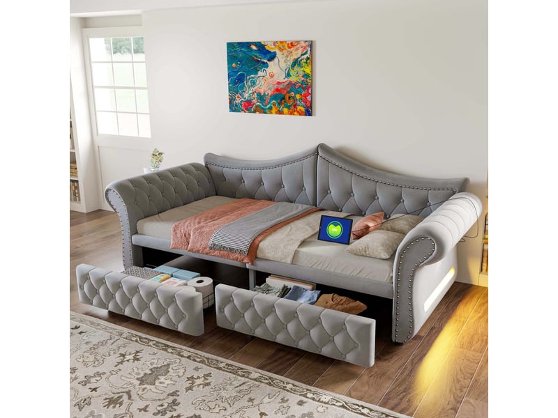 Canapé-lit 90 x 200 cm – avec 2 tiroirs – avec port de charge usb – gris (matelas non inclus) - Conforama B